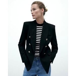 NEW ZARA Tailored Double Breasted Blazer Gold Button Jacket Sz XL Black